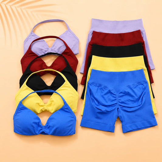 NoLogo Women Sculpt Seamless Yoga Set Sports Bra High Waist Scrunch Shorts Gym Fitness Activewear Daily Wear