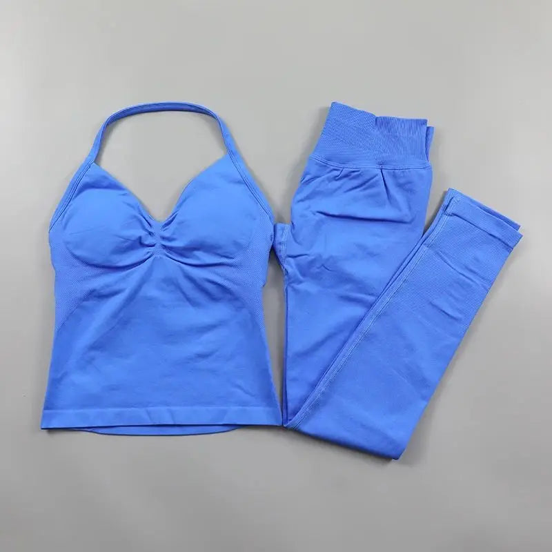 Omen's Lace-up Top and Leggings Set with Padded High Waist Folding and Seamless Design for Yoga Fitness and Gym Workouts