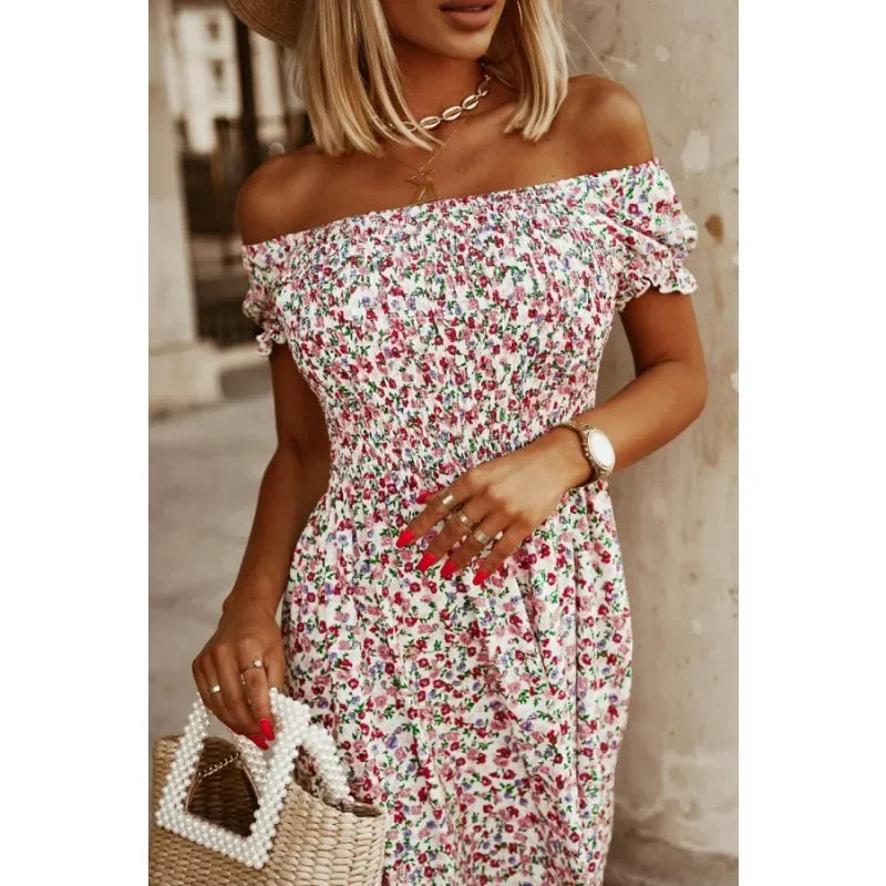 Women Fashion Off Shoulder Elegant  Dress Ladies New Casual Loose Print Holiday Dresses Womens Clothing ﻿