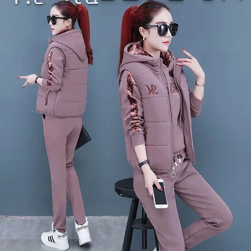 Women's Casual Fashion Autumn Winter New Sweat Suit Plush Thickened Hooded Tops and Waistcoat Pants 3 Three Piece Sets For Women
