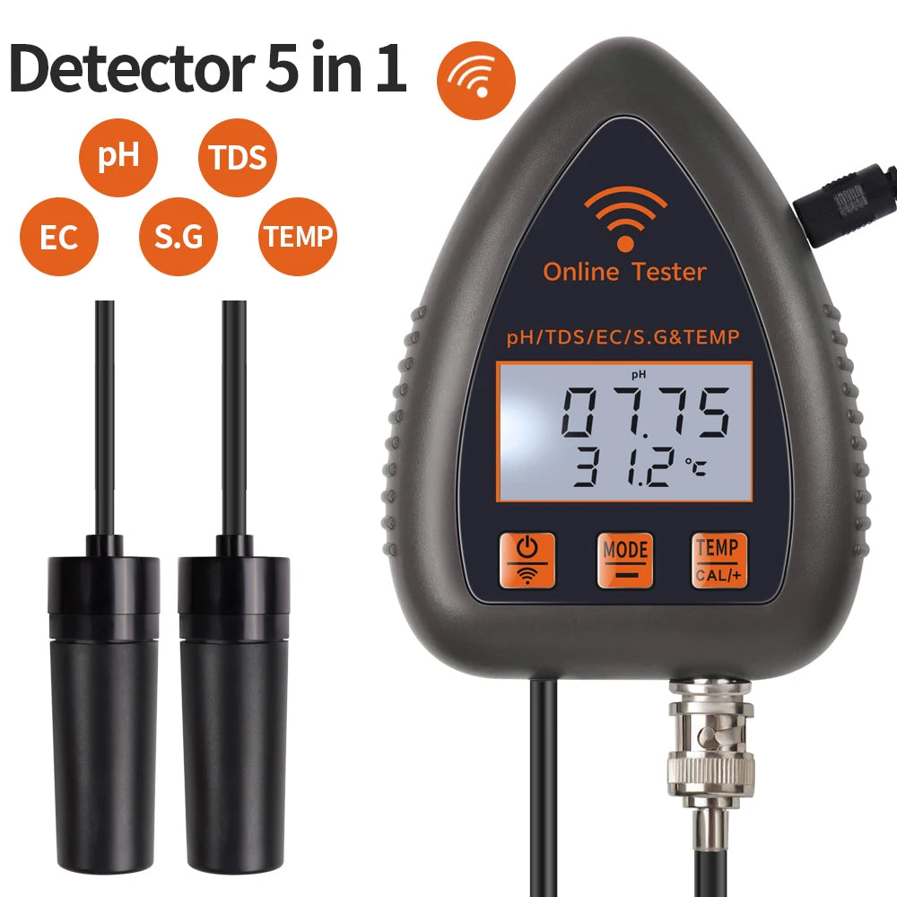 Tuya WiFi 5 in 1 Water Quality Meter Online Tester TDS/EC/SALT PH S.G.TEMP Detector Multifunction Water Analyzer for Aquariums