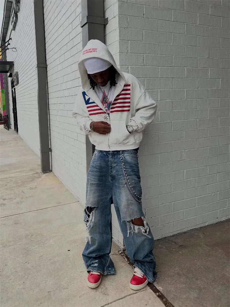 Autumn new national flag minimalist design color collision pattern men hooded sweatshirt Harajuku Y2k loose zipper sweatshirt