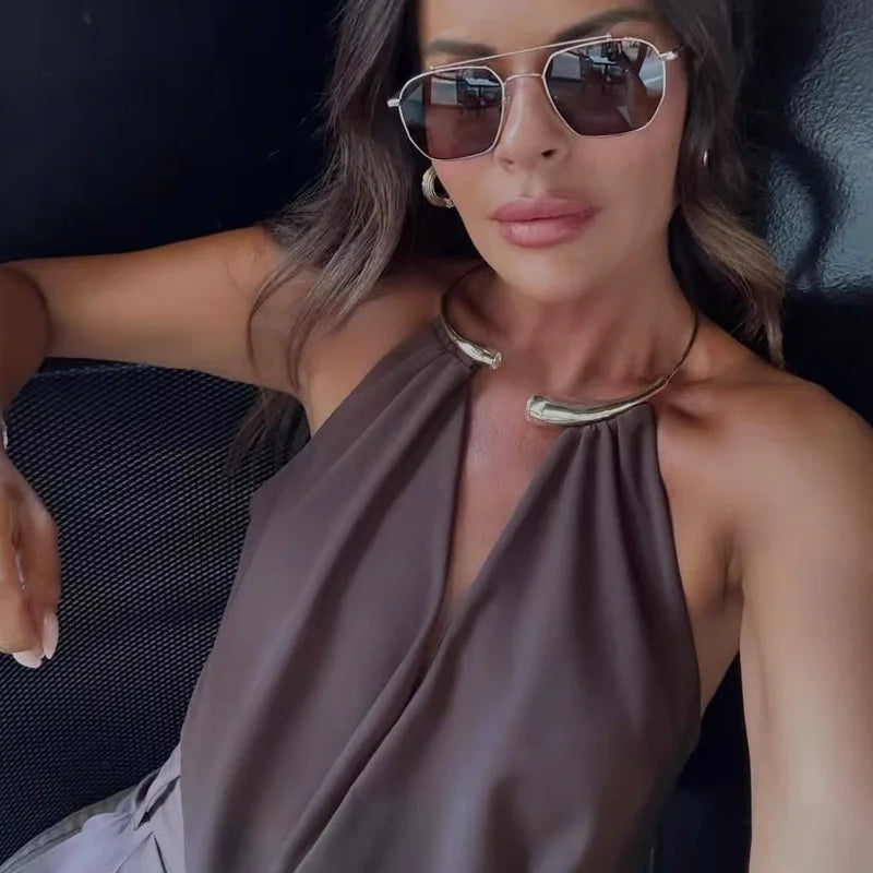 HXAO Brown Halter Bodysuit Women Summer Bodys For Sexy Women Off Shoulder Sleeveless Thong Bodysuit With Open Back Rave Bodysuit