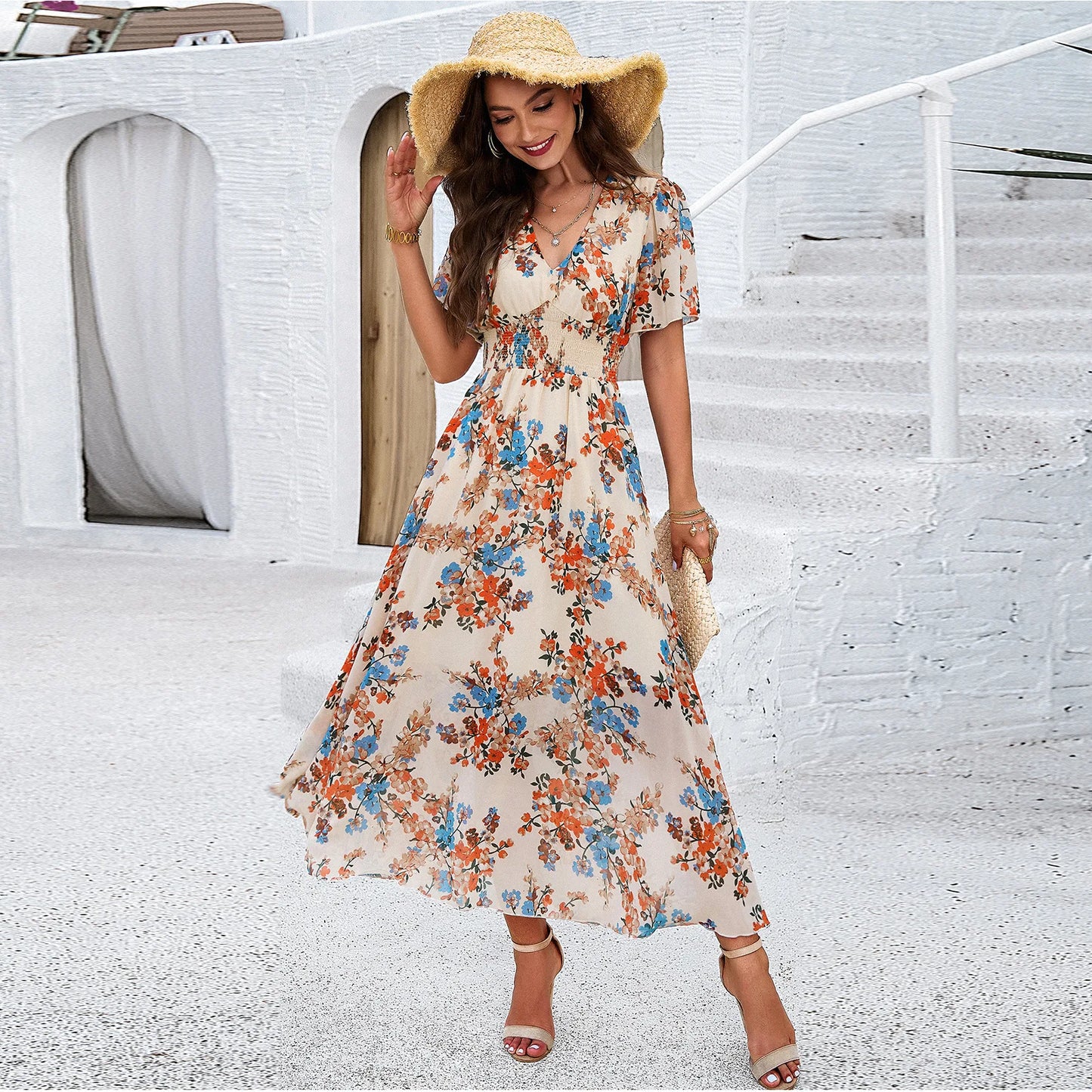 Women's clothing 2025 spring and summer, temperament printing waist short sleeves, dresses, long styles