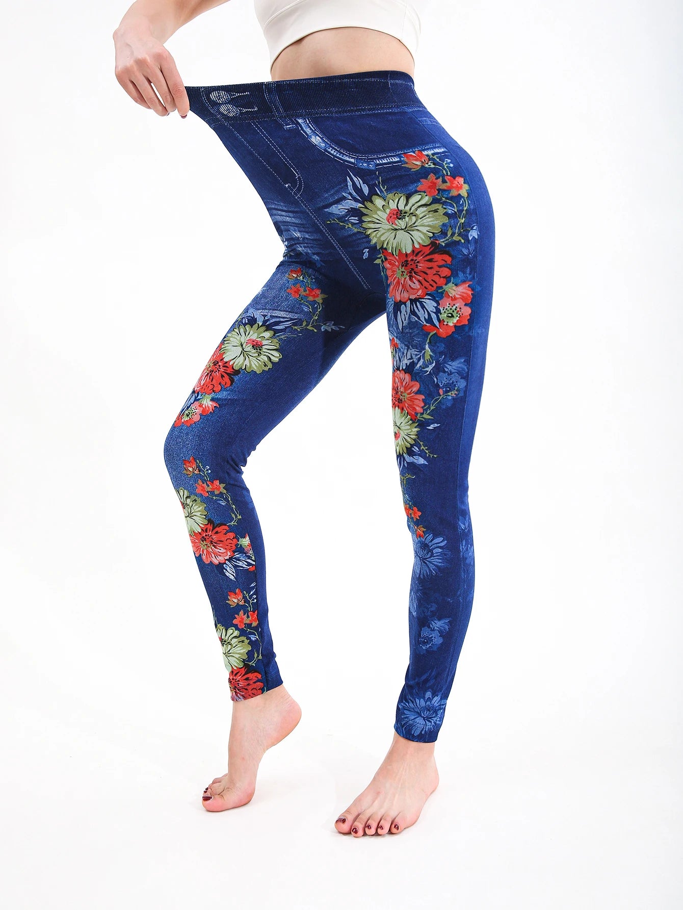 Autumn Winter 1PACK Women's Imitation Cowboy Chrysanthemum Pattern Sexy Tight Legging Casual Sports Elegant Fitness Yoga Pants