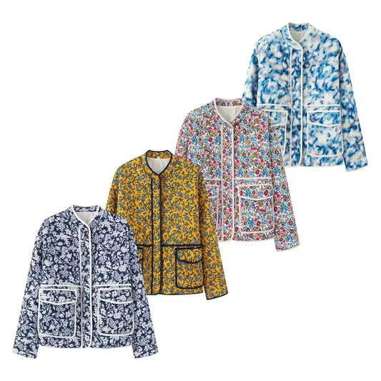 Autumn and winter women's clothing new fashion versatile retro printed warm loose cotton jacket