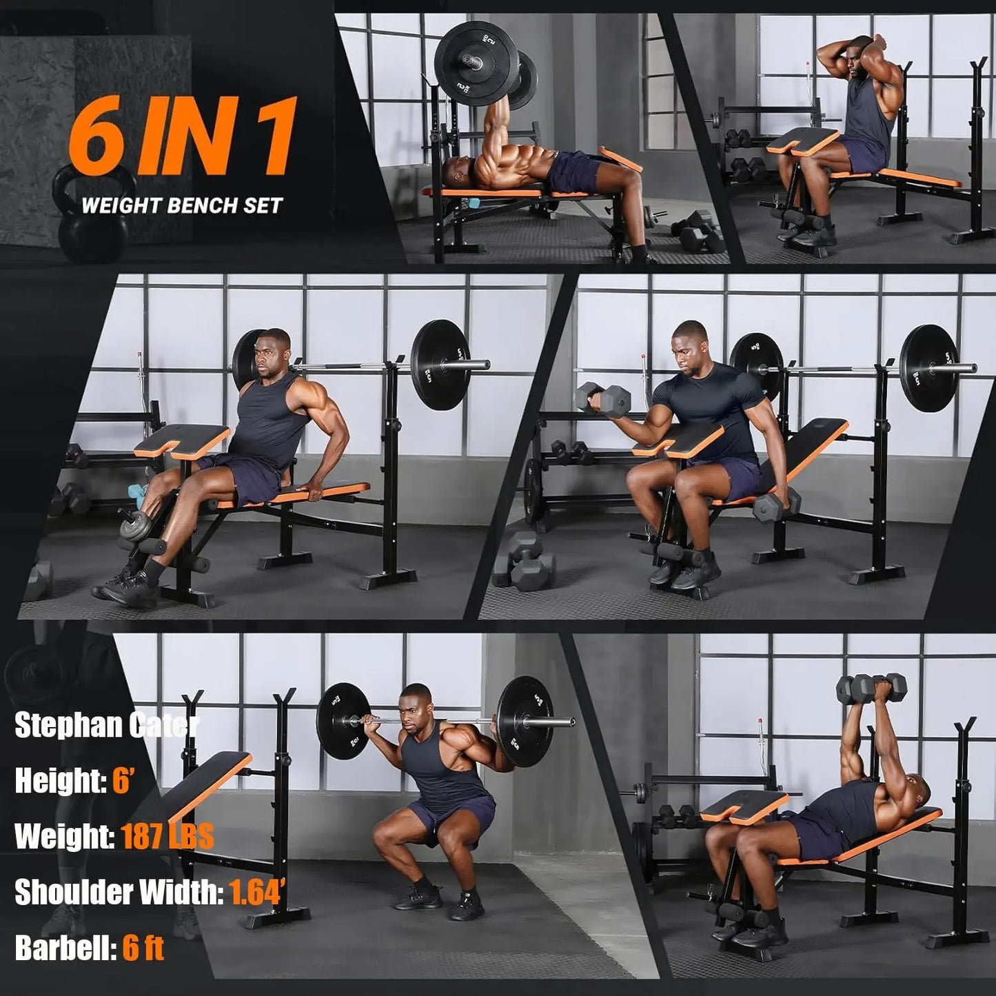 6 in 1 Space Saving Weight Bench Set for Home Gym, Fast Folding & Adjustable Workout Bench, Bench Press Rack/Leg, Customized