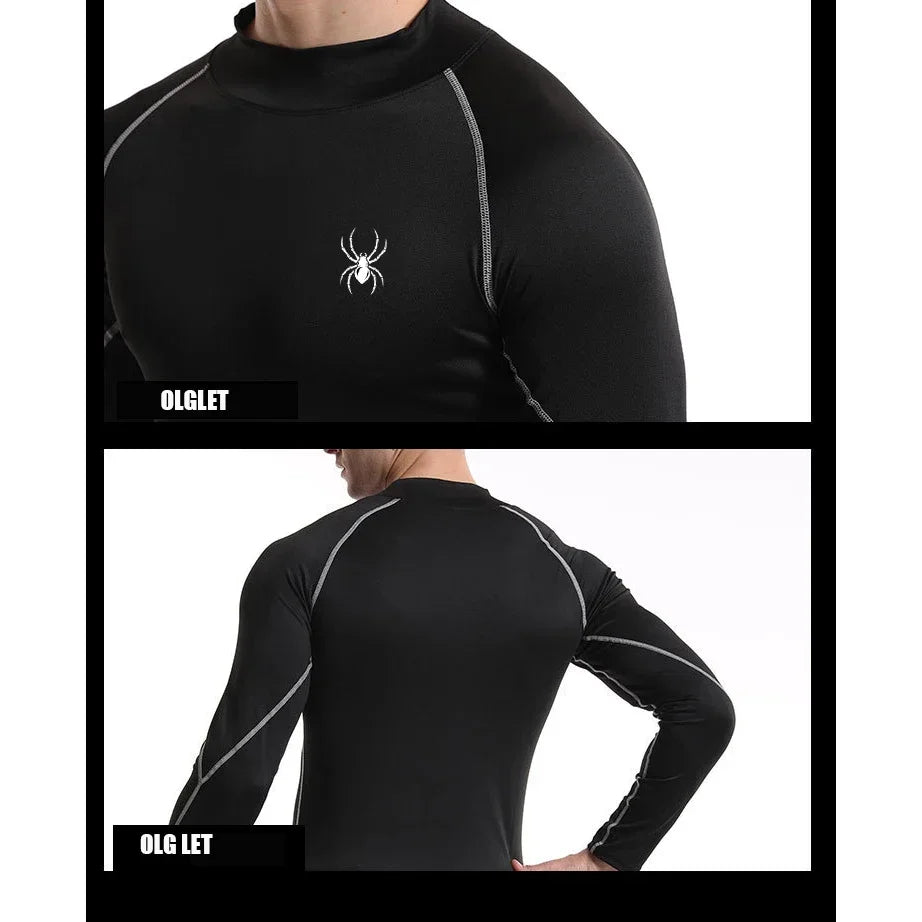 Mens Running T-shirts Compression Long Sleeve Sport Shirts Spider Printing Fitness Training Jogging Gym Quick Dry Tee