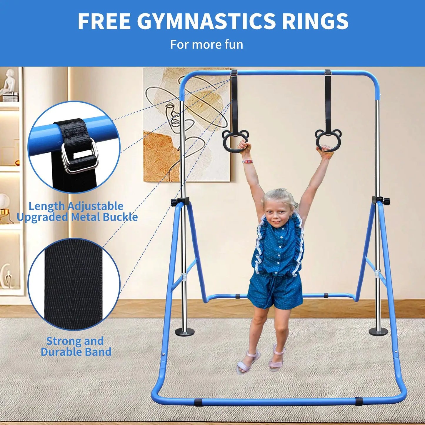 Kids' Adjustable Height Multi-functional Foldable Gymnastic Bar for Home Use