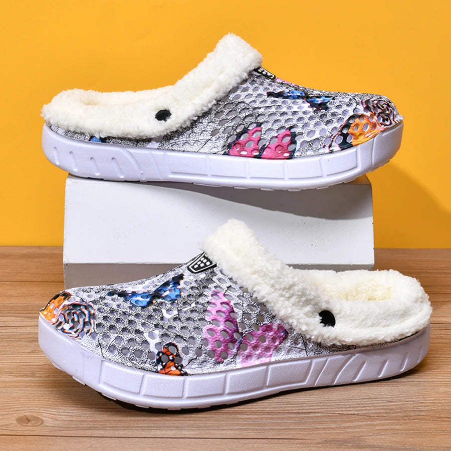 Women's Cotton Slippers Butterfly Pattern Clogs Mules Autumn and Winter Warm Plus Velvet Thickening