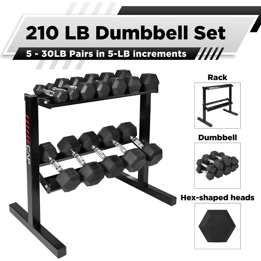 Rubber Coated Hex Dumbbell Set with Two Tier Premium Storage Rack Built for Strength Building, Weight Loss & Home Gym – 30LB Set