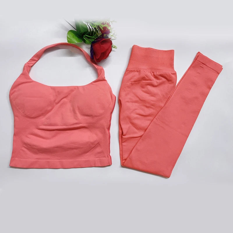 2026 Yoga outfit DFNNYE two Pieces Gym Set seamless Women DF impact backless Halter Top Leggings Fitness Clothes Workout sets