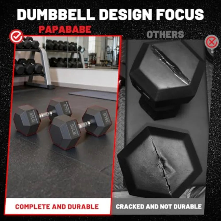 Rubber Encased Hex Dumbbell Set 140 lb Home Free Weights Pair of 5 8 10 12 15 20 lb with Rack Black Gym Training Equipment
