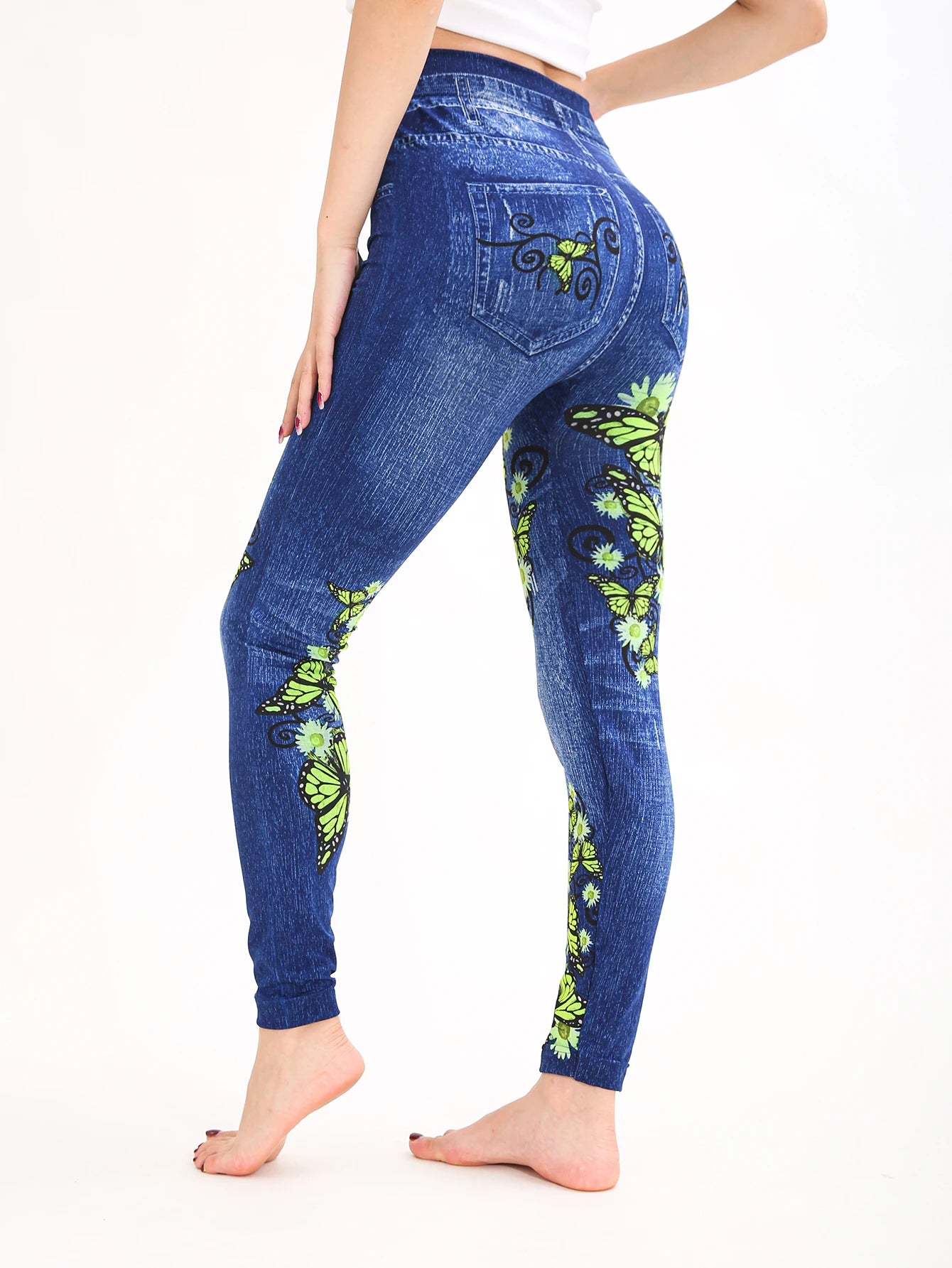 Autumn Winter 1PACK Women's Imitation Cowboy Green Butterfly Sexy Tight Legging Casual Sports Elegant Fitness Yoga Pants