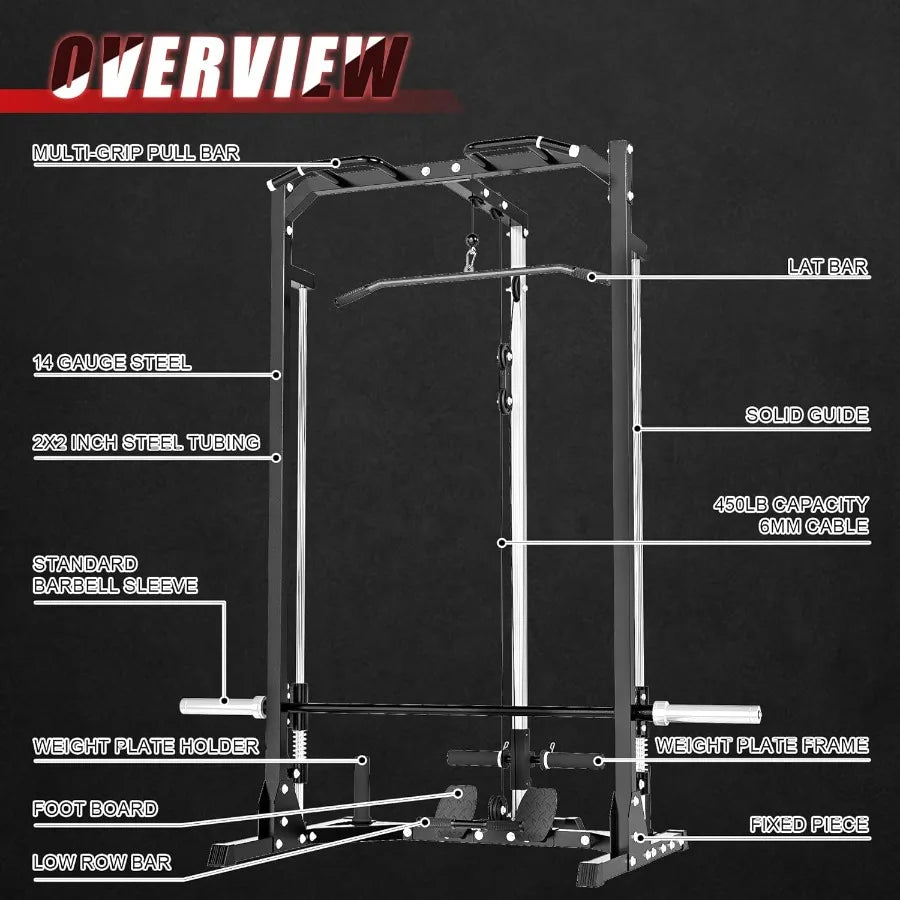 Compact Smith Machine Home Gym 800lb Barbell Sleeve SpaceSaving Power Cage with LAT Pulldown Power Rack 5in1 1500lb Capacity fo