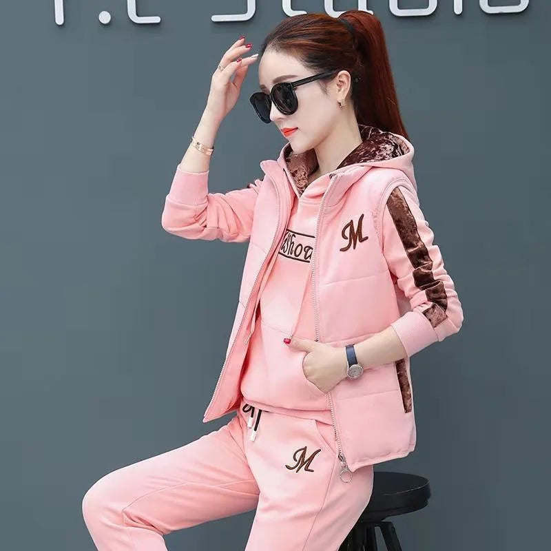 Women's Casual Fashion Autumn Winter New Sweat Suit Plush Thickened Hooded Tops and Waistcoat Pants 3 Three Piece Sets For Women
