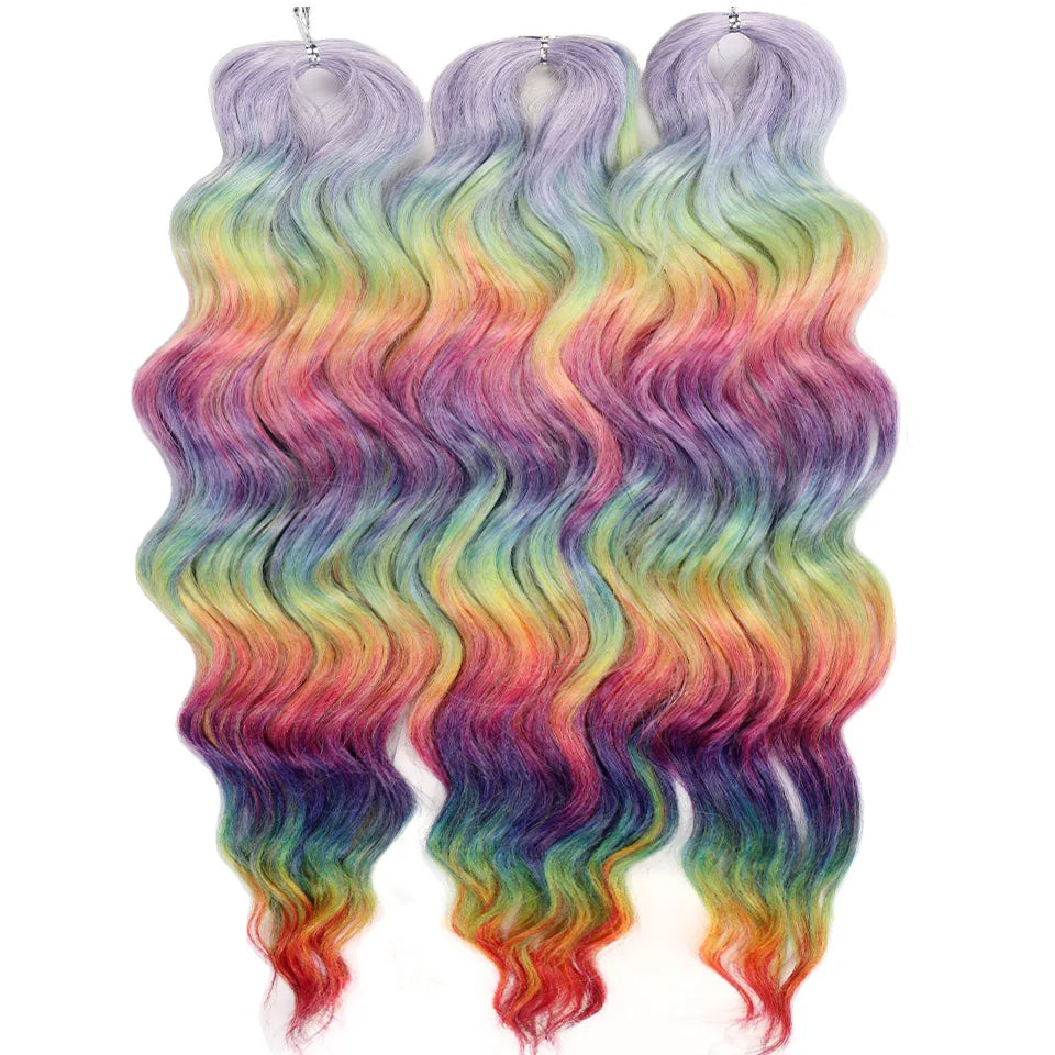 FASHION IDOL 24" 3pcs Deep Wave Curl Hair Synthetic Water Wave Braiding Hair Extensions Ombre Rainbow color Twist Crochet Hair