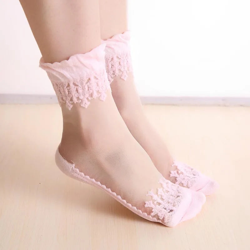 1 Pair Spring Summer Ladies Ultrathin Lace Embroidery Silk Transparent Glass Crytal Stretch Women Soft Elastic Breathable Socks