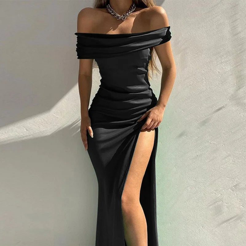 Women's clothing  dresses multiple solid color short sleeves medium length one cut collar slit long dresses sexy dinner dresses