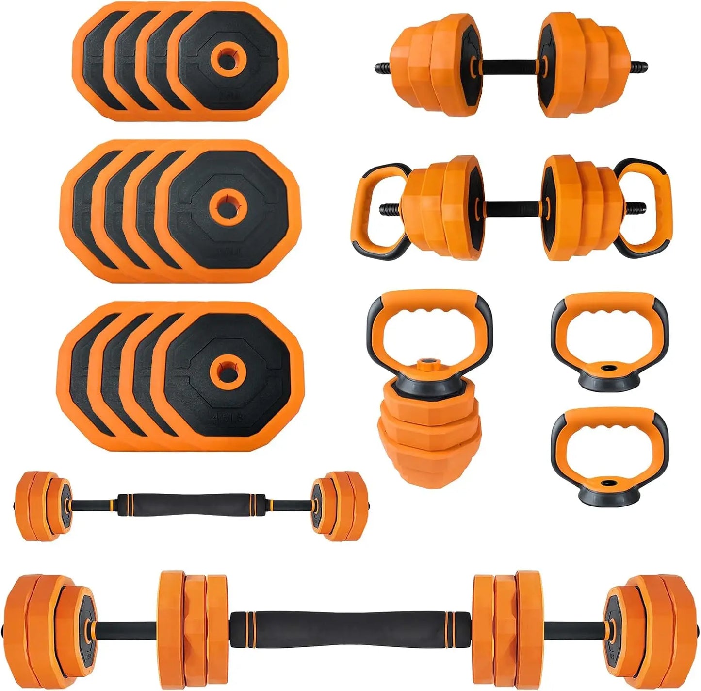 Garvee Combines Dumbbells Kettlebell Barbell Push-Up Stands, 4-in-1 Adjustable Dumbbell Set, 44 LBS Multifunctional Home Gym Weights Full Body Strength Training Equipment Orange