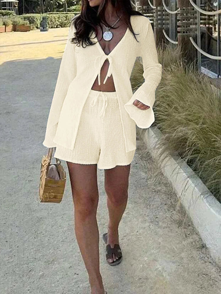Women's Blouses Shorts 2 Piece New Spring Summer Streetwear Fashion Lace-up Long Sleeves Tees Sexy Shorts Two Piece Set Clothing
