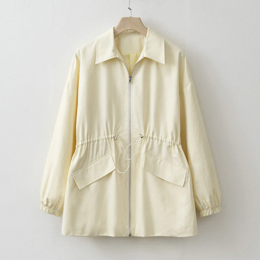 2025 Women Spring / Autumn Light Yellow Adjustable waist Zip Jacket