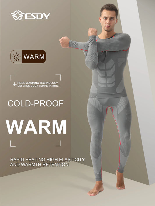 Esdy 1 Set of Men's Sports Compression Thermal Suit Winter Thermal Compression Long-Sleeved Pants Breathable High-Elastic Cold-Proof Sports Suit Winter Outdoor Sports Climbing and Fishing