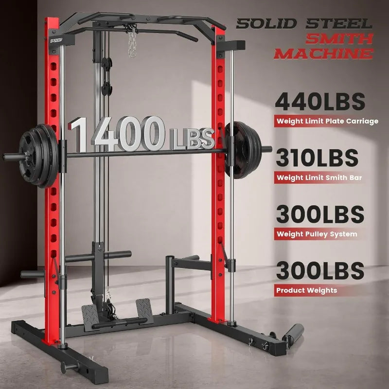 OPPSDECOR Smith Machine Power Rack for Home Gym - All-in-One Power Cage Squat Rack with LAT Pulldown, Cable Machine