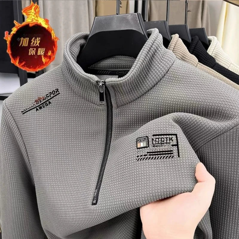 Men's Fleece Liner Sweatshirts Vintage Half Zipper Print Plaid Texture Thick Wool Warm Pullover Luxury Turtleneck Sweatshirts