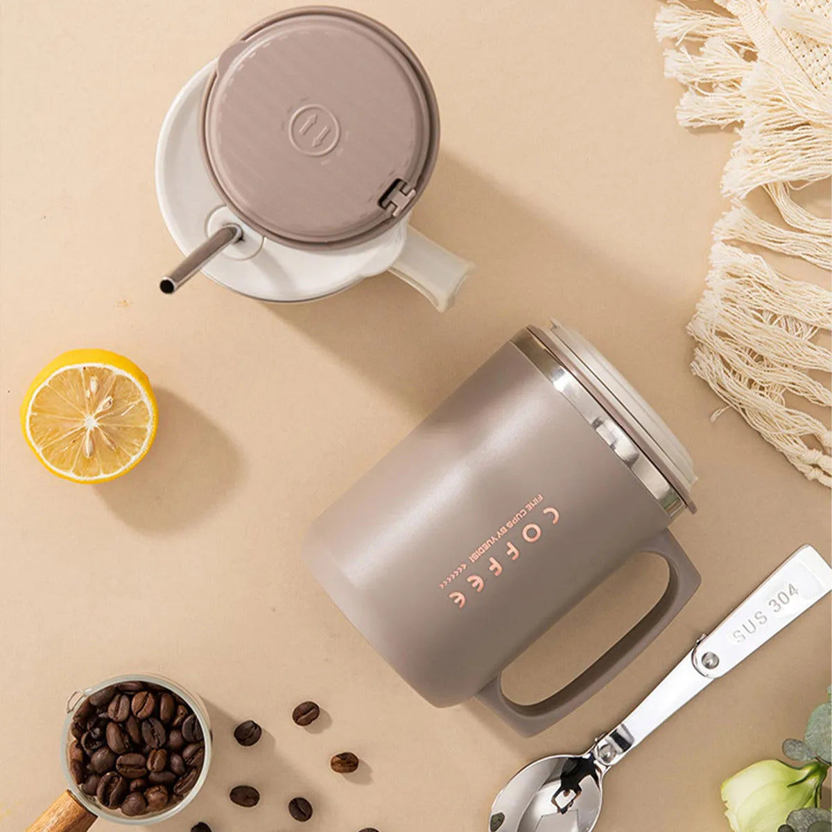 480ML Double-Wall Insulated Mug With Spoon&Straw 304 Stainless Steel Coffee Cup Sealed Water Cup Reusable Drinkware For Student