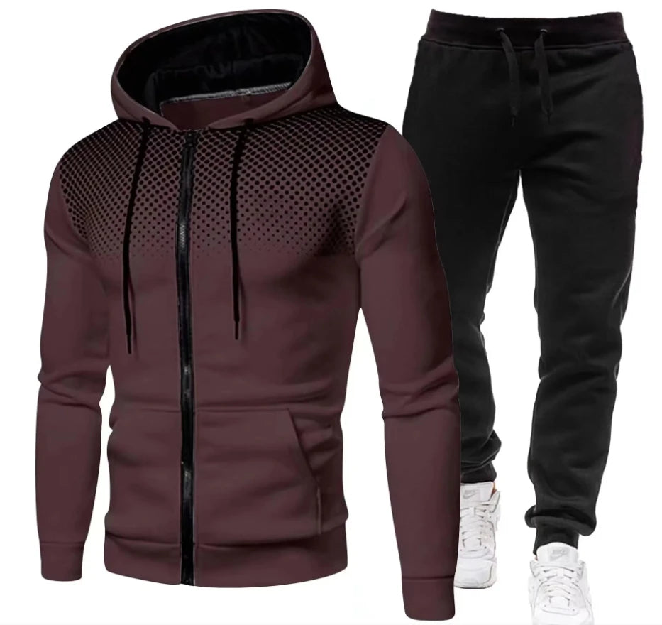 Fashion Print Tracksuit for Men Zipper Hooded Sweatshirt and Sweatpants Two Pieces Suits Male Casual Fitness Jogging Sports Sets