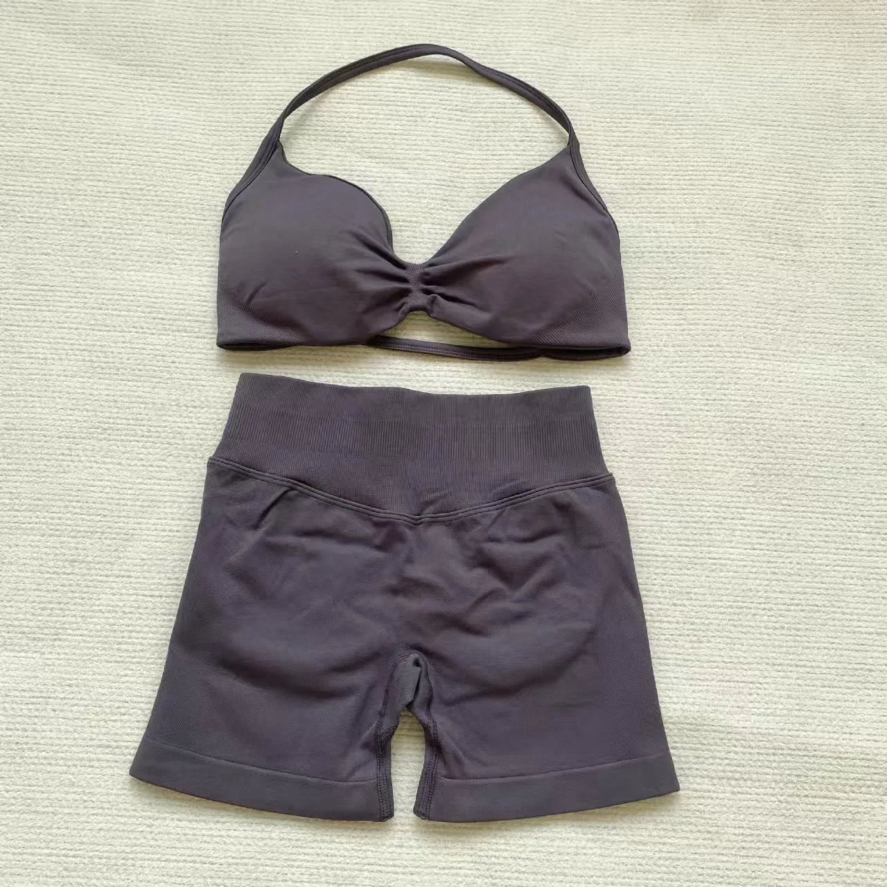 NoLogo Women 2 Piece Yoga Outfit Seamless Strappy Bra High Waist Butt Lifting Scrunch Shorts Gym Activewear