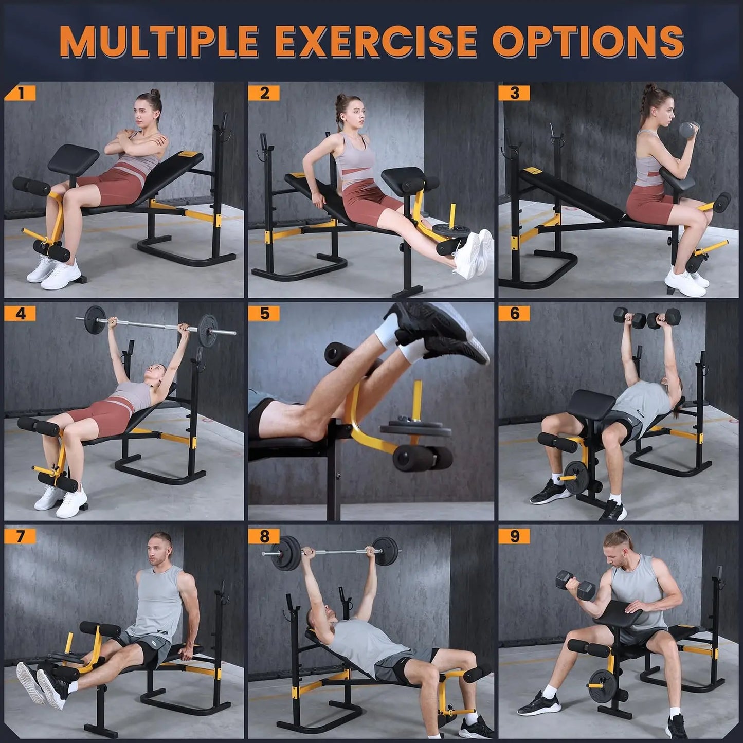 Adjustable Weight Bench Press Set with Squat Rack Dual Function Leg Exercises Preacher Curl Rack Pad Strength Training for Home