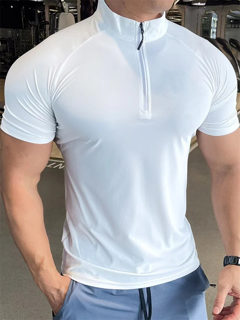 NEW Men's sports T-shirt Quick Dry Compression Running t Shirt Men Fitness short sleeve Shirt  Zippered round neck Tights Tops