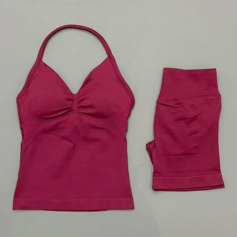 NoLogo Women 2 Piece Yoga Outfit Seamless Strappy Bra High Waist Butt Lifting Scrunch Shorts Gym Activewear