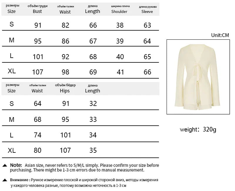 Women's Blouses Shorts 2 Piece New Spring Summer Streetwear Fashion Lace-up Long Sleeves Tees Sexy Shorts Two Piece Set Clothing