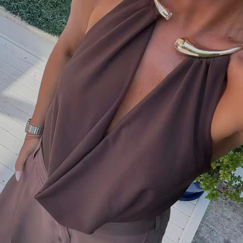 HXAO Brown Halter Bodysuit Women Summer Bodys For Sexy Women Off Shoulder Sleeveless Thong Bodysuit With Open Back Rave Bodysuit