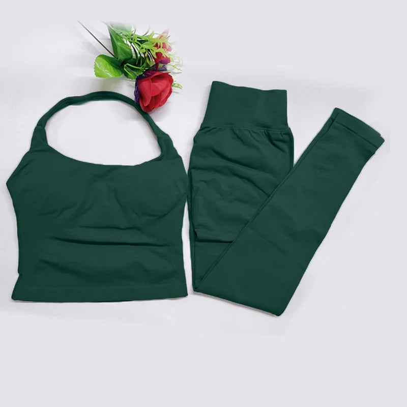 2026 Yoga outfit DFNNYE two Pieces Gym Set seamless Women DF impact backless Halter Top Leggings Fitness Clothes Workout sets