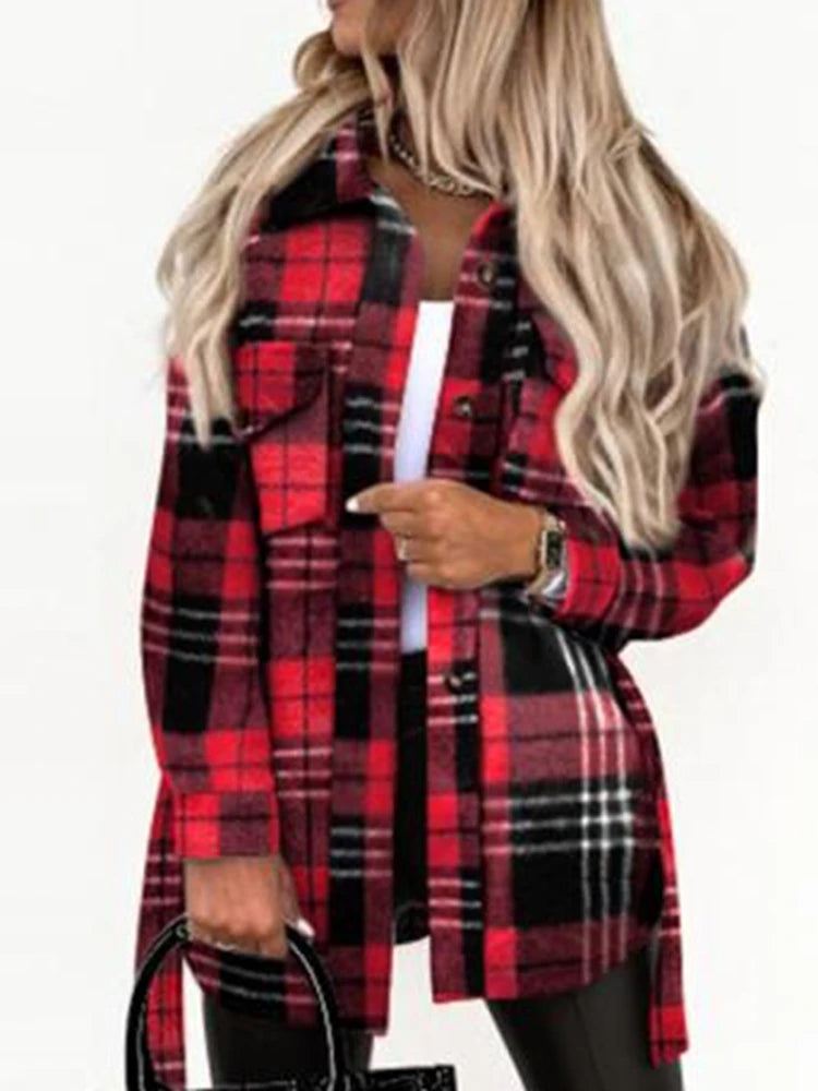 Women's  Fashion Autumn and Winter Blouses Jackets Strap Plaid Printed Woolen Jacket for Women Casual Pockets Coats Clothing
