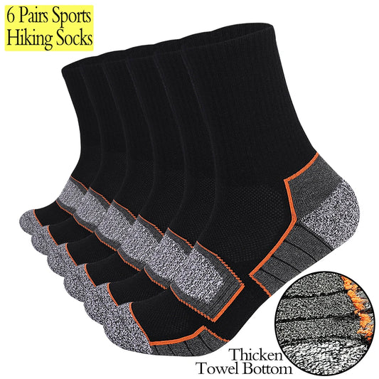 6 Pairs Men's Heavy Cushion Hiking Socks Cotton Anti-Odor Moisture-Wicking Unisex Sizes 35-50 for Trekking Running Multi-Pack