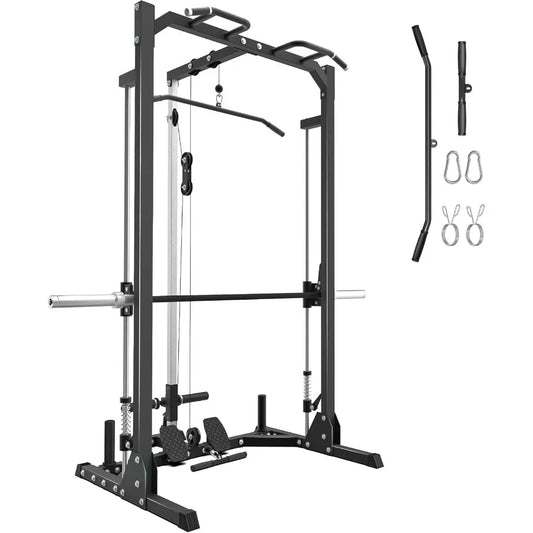Compact Smith Machine Home Gym 800lb Barbell Sleeve SpaceSaving Power Cage with LAT Pulldown Power Rack 5in1 1500lb Capacity fo
