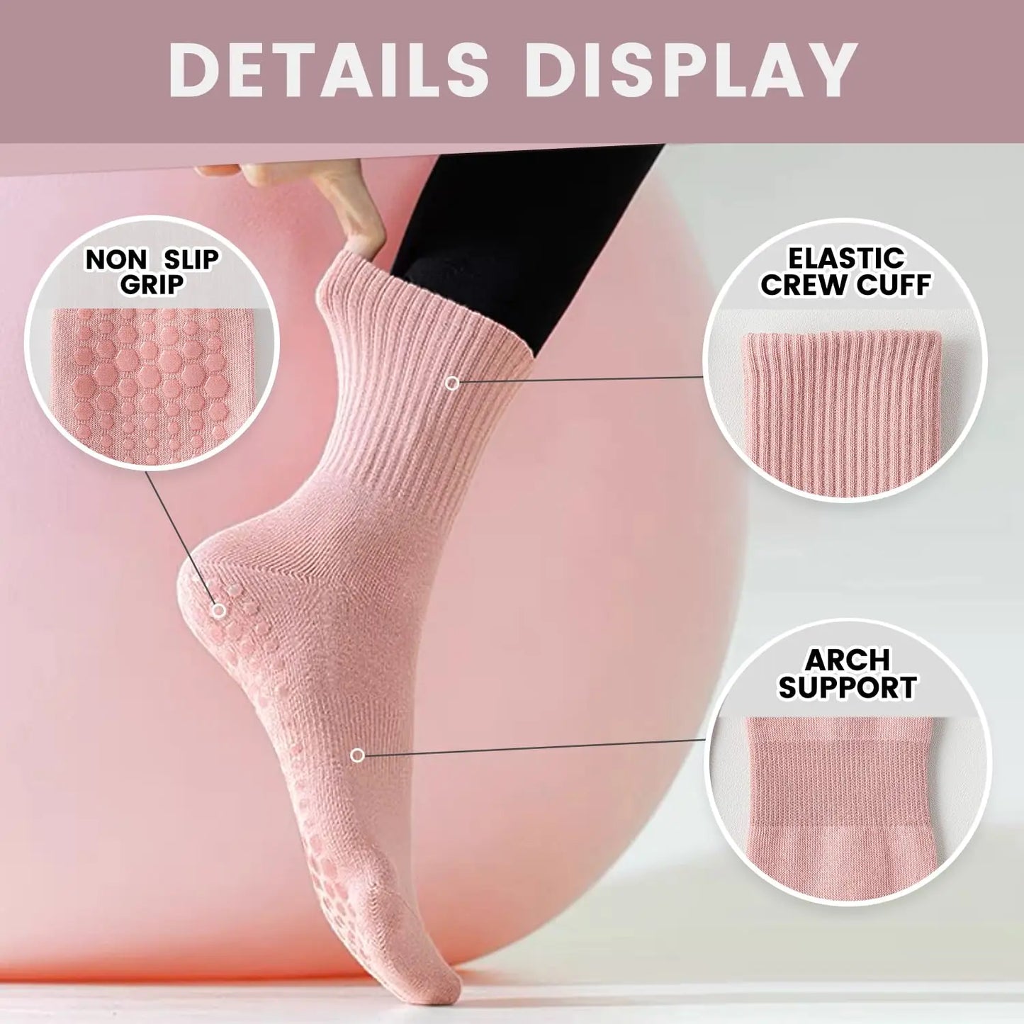 4-6 pairs of women's yoga socks, solid color midsole anti slip grip yoga Pilates ballet socks
