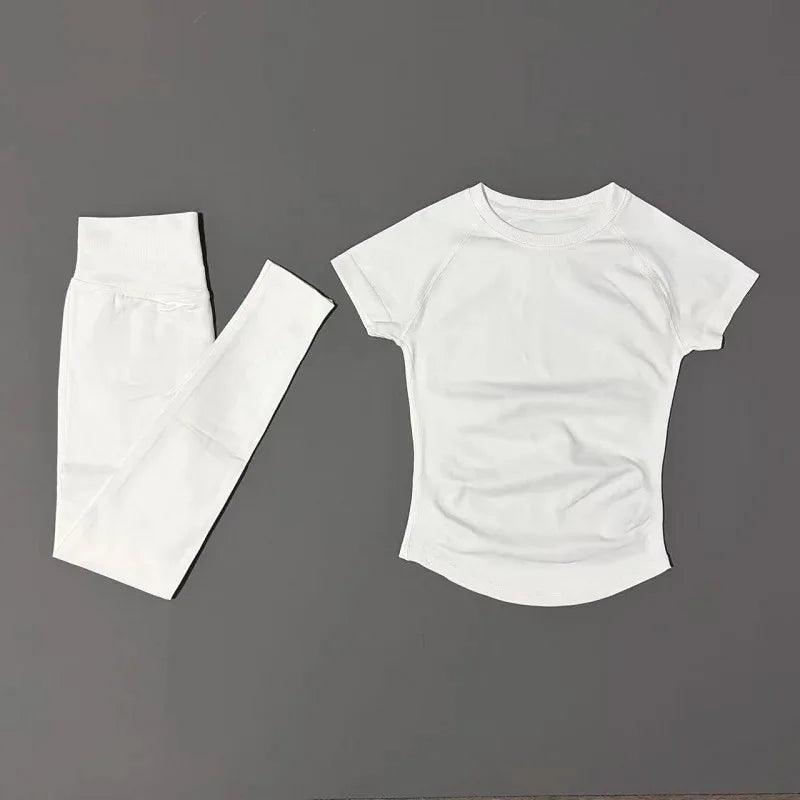NoLogo Women Seamless Workout Set Short Sleeve Compression Top High Waist Scrunch Leggings Fitness Activewear Suit