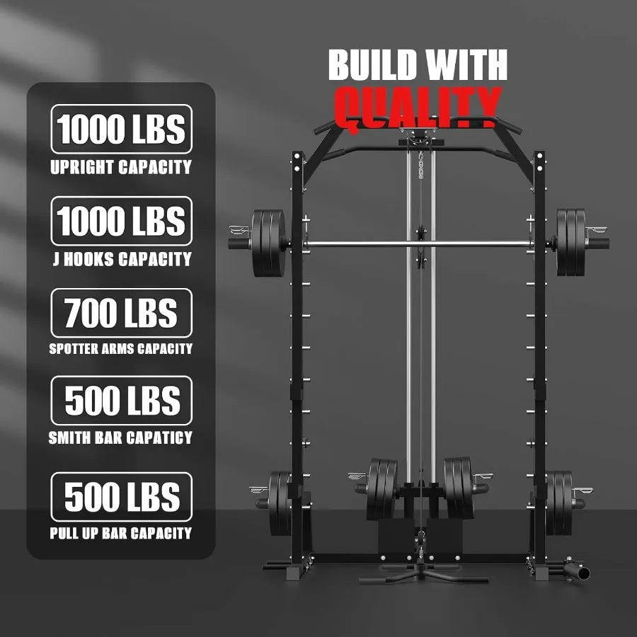 Smith Machine Power Rack with LAT Pulldown System Power Cage with Cable System Squat Rack for Home Gym with Chest Press Machine
