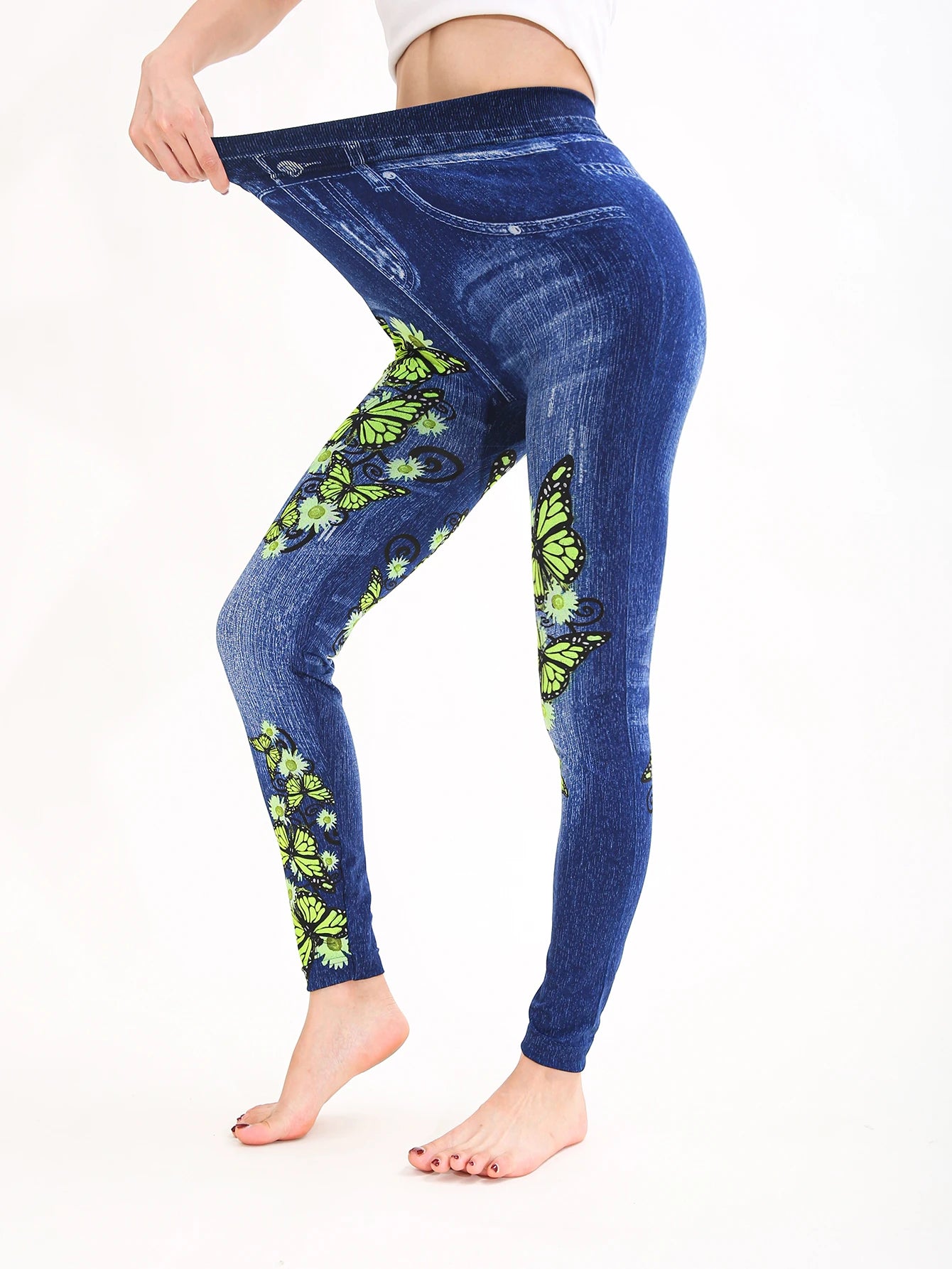 Autumn Winter 1PACK Women's Imitation Cowboy Green Butterfly Sexy Tight Legging Casual Sports Elegant Fitness Yoga Pants