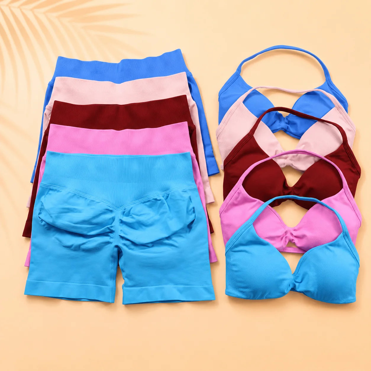 NoLogo Women 2 Piece Yoga Outfit Seamless Strappy Bra High Waist Butt Lifting Scrunch Shorts Gym Activewear