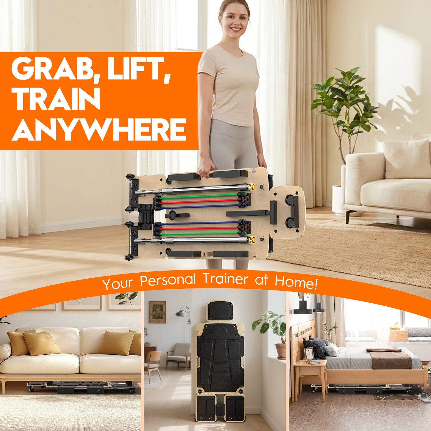 5-in-1 Pilates Reformer-Dual Foot Pads, Smooth Rail, Adjustable Headrest 110-190cm, Full-Body Home Gym