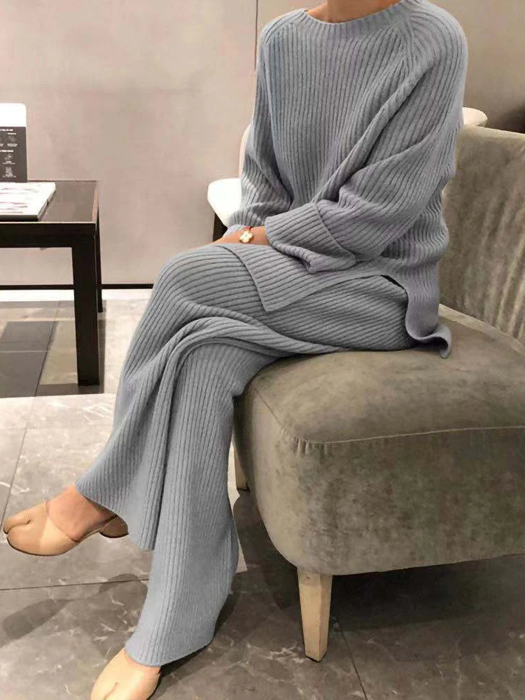 Women Elegant Sweater Suit Elegant Knitted Two Pieces Set Autumn Winter Oversized Pullover and Trousers Suit Female Outfits 2022