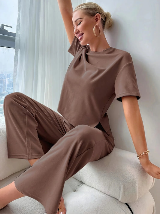 Women's Casual Loose Loungewear Set - Split Hem Top & Drawstring Waist Pants