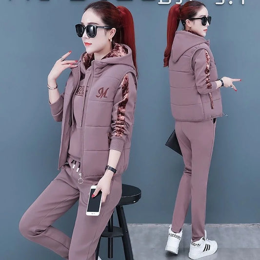 Women's Casual Fashion Autumn Winter New Sweat Suit Plush Thickened Hooded Tops and Waistcoat Pants 3 Three Piece Sets For Women